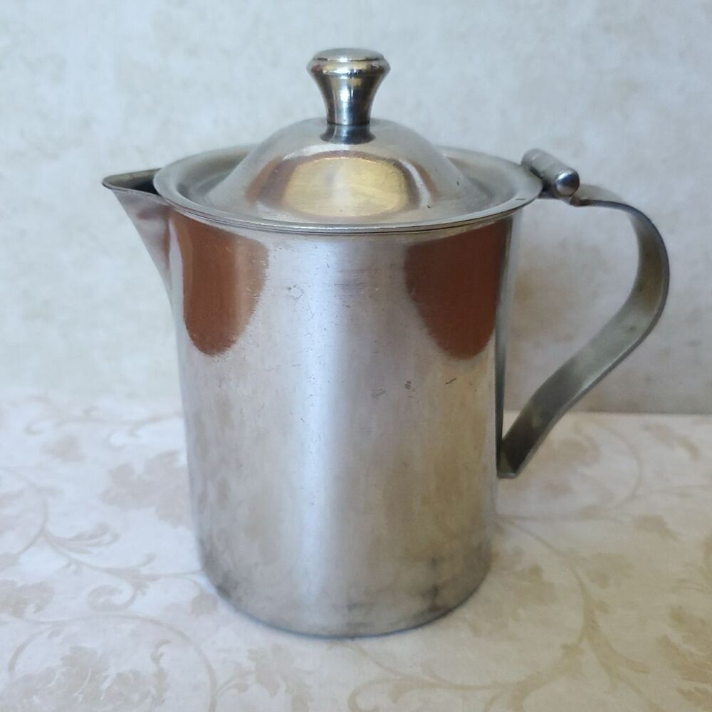 Vollrath Stainless Steel Creamer Syrup Pitcher Hinged Lid 6811 Vintage Small